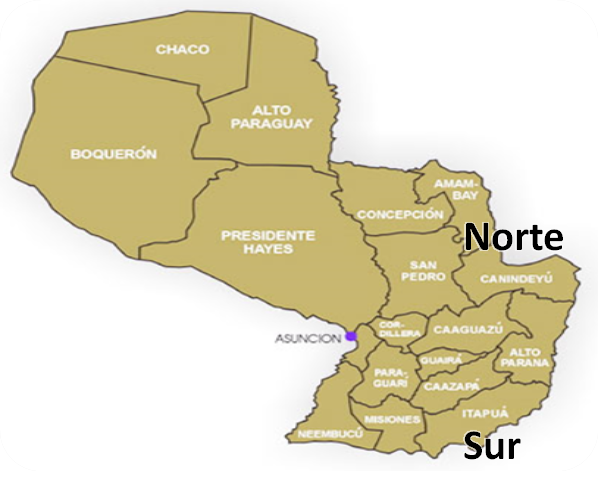 Mapa de las regiones sojeras paraguayas